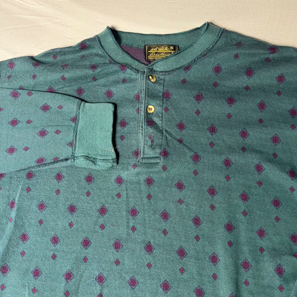 Vintage Eddie Bauer Henley Shirt Mens L Teal Purple Diamond Made in USA Cotton